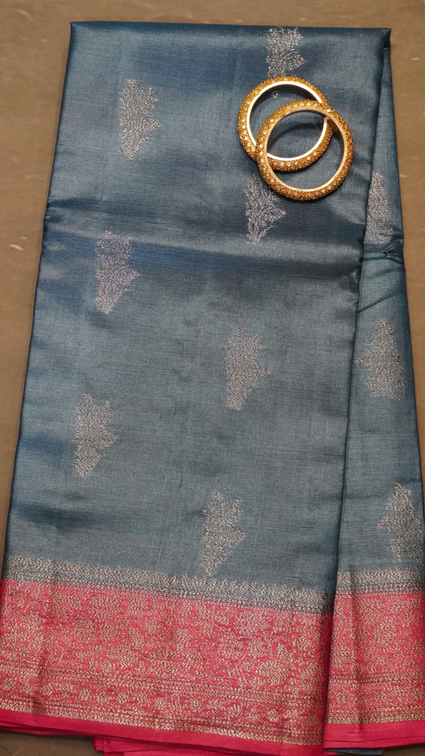 Pure Tussar Saree - Floral Zari-Peacock Blue