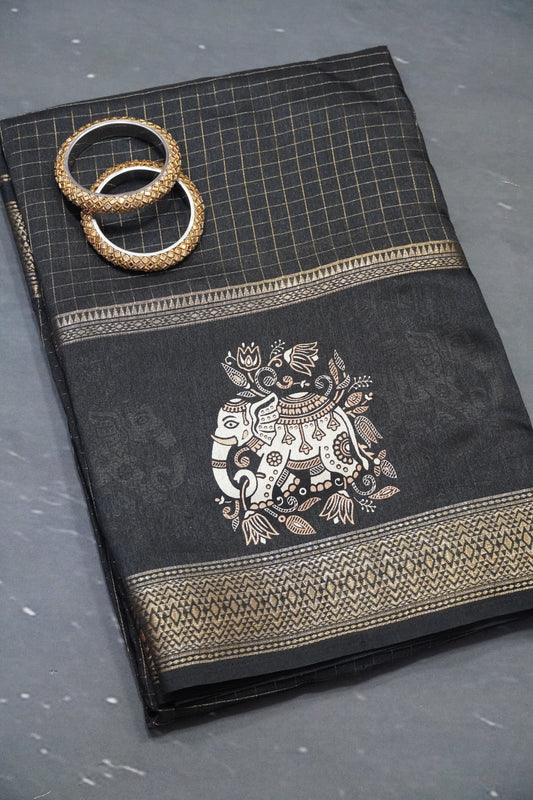 Semi Chiffon Saree - Elephant Black