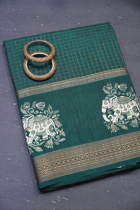Semi Chiffon Saree - Elephant Bottle Green