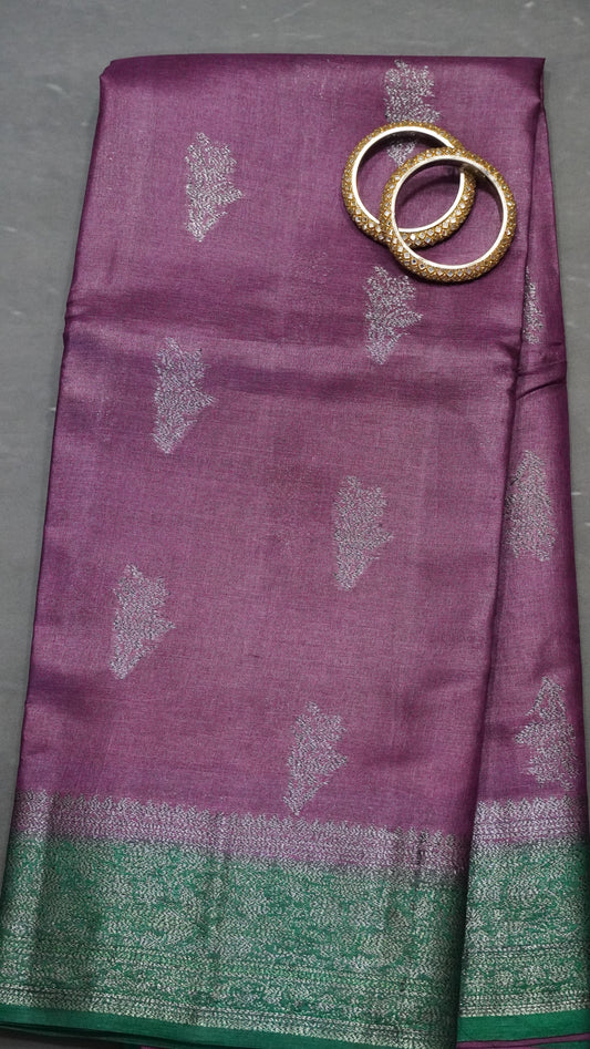Pure Tussar Saree - Floral Zari-Dark Purple