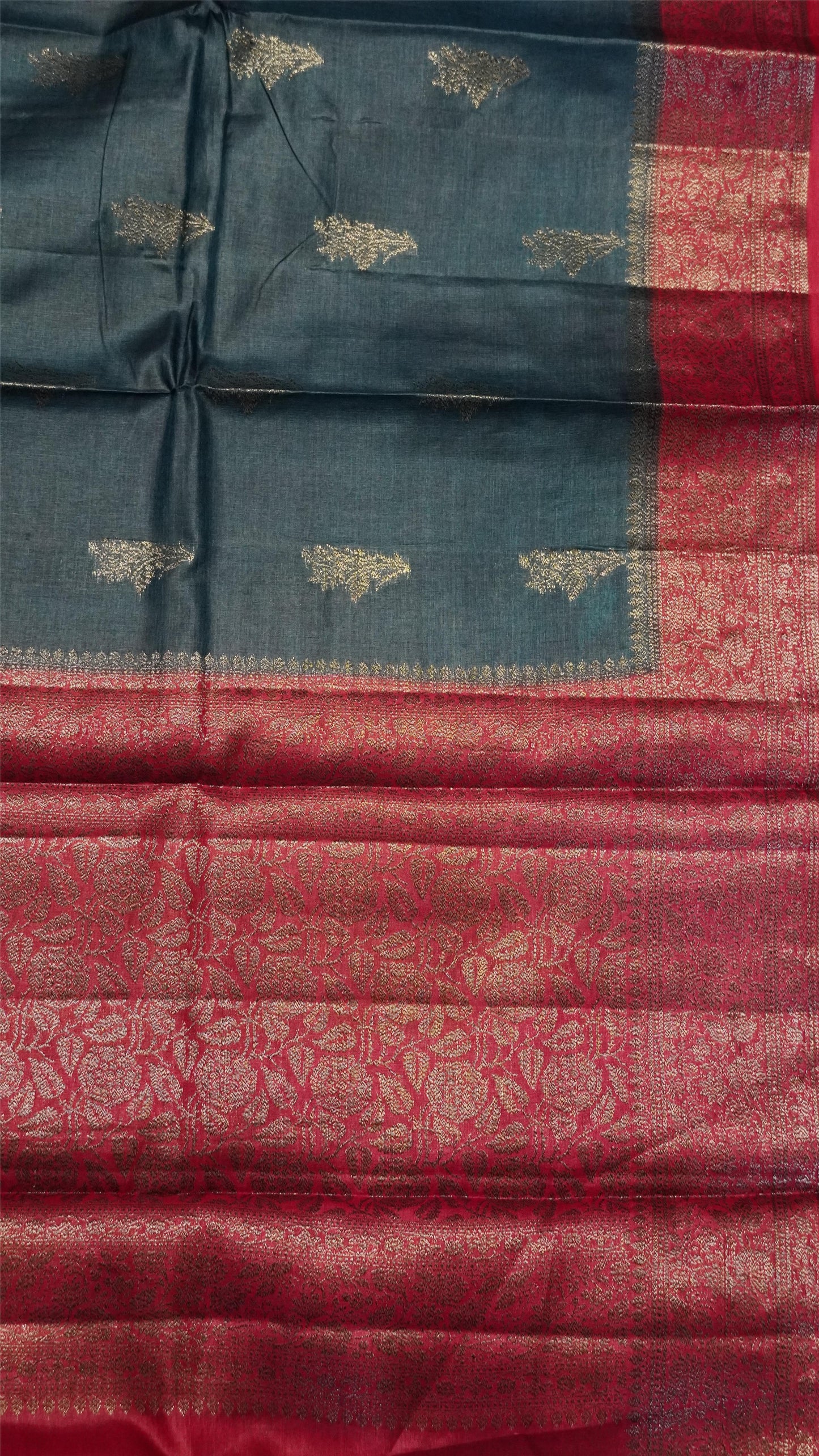 Pure Tussar Saree - Floral Zari-Peacock Blue