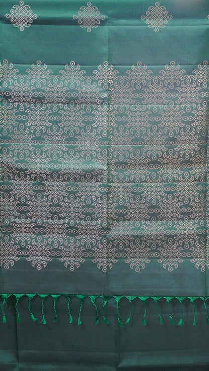 Pure Soft Silk Saree Kolam Print Bottle Green