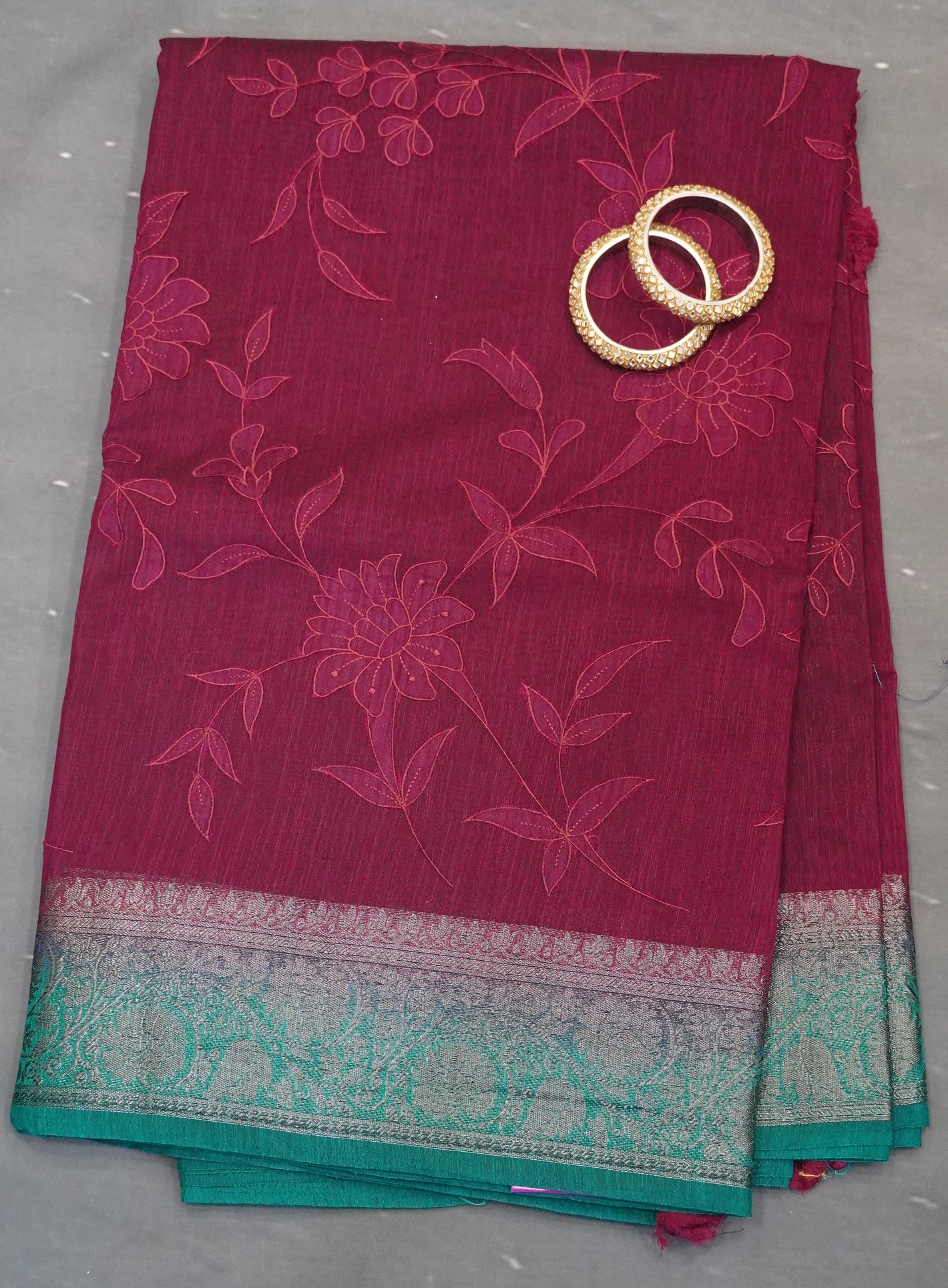 Bamboo Silk Saree-Aplique Work-Wine