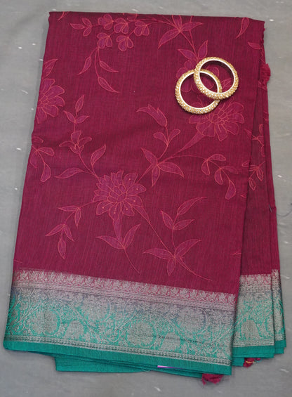 Bamboo Silk Saree-Aplique Work-Wine