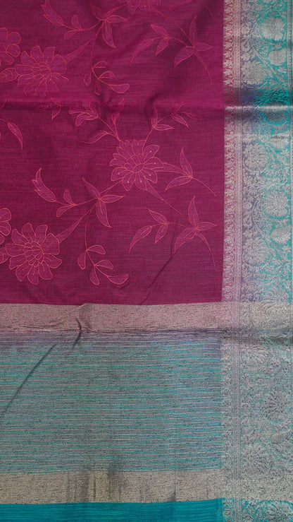 Bamboo Silk Saree-Aplique Work-Wine