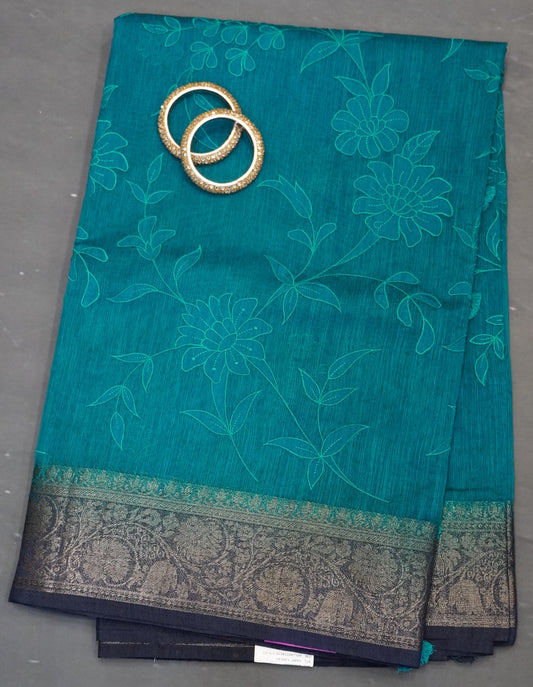 Bamboo Silk Saree-Aplique Work -Peacock Blue