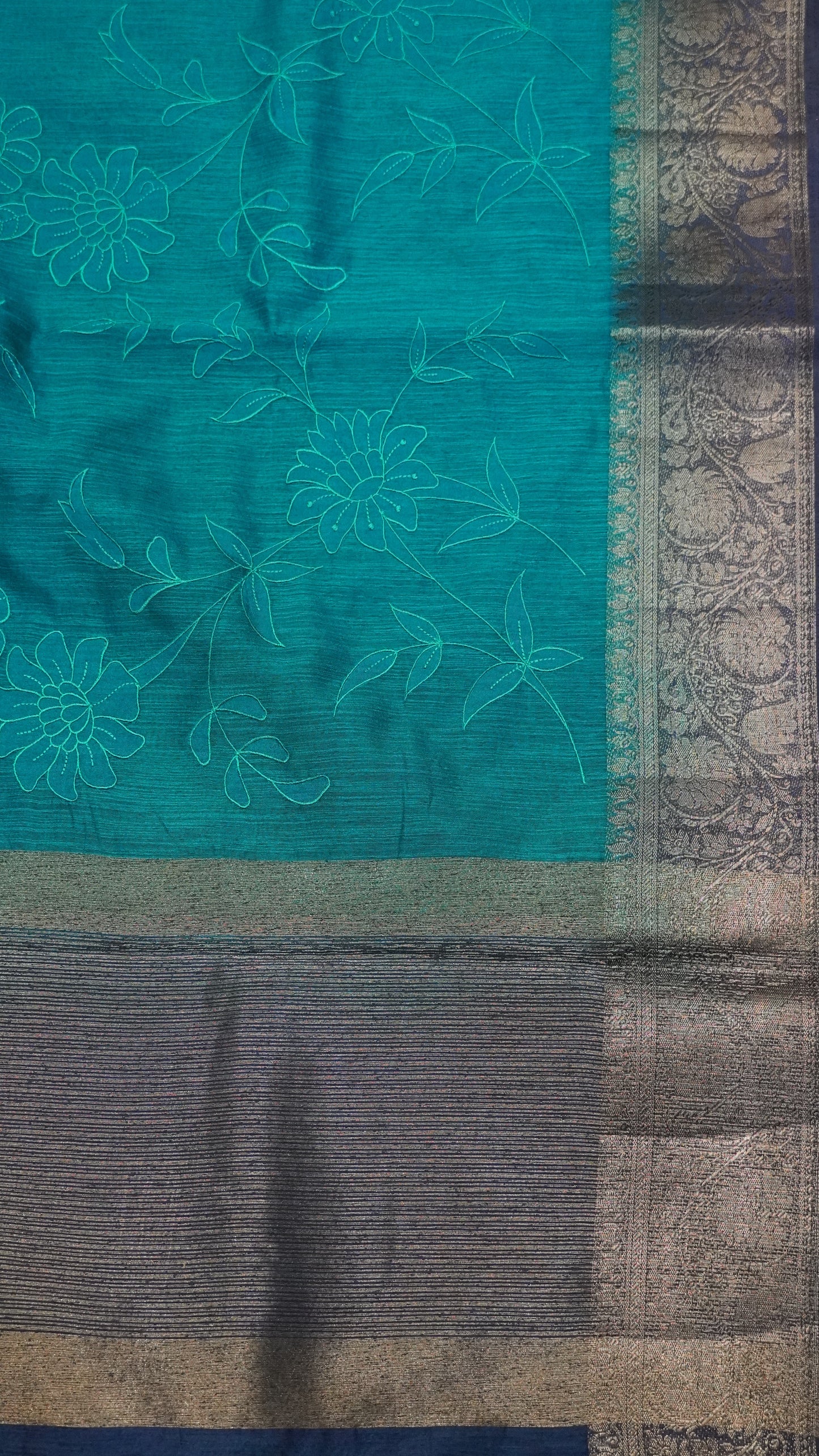 Bamboo Silk Saree-Aplique Work -Peacock Blue