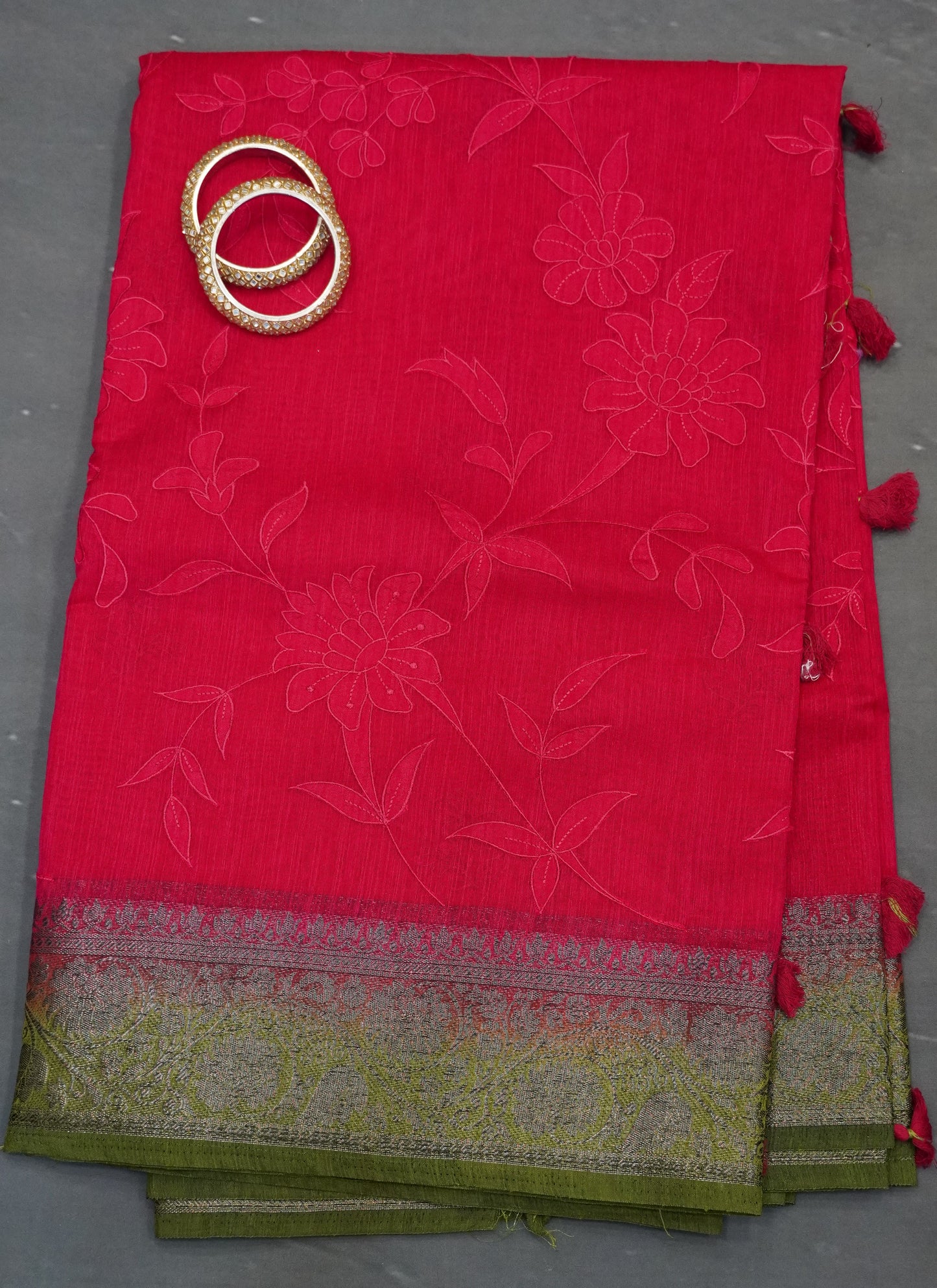 Bamboo Silk Saree-Aplique Work-Rani Pink
