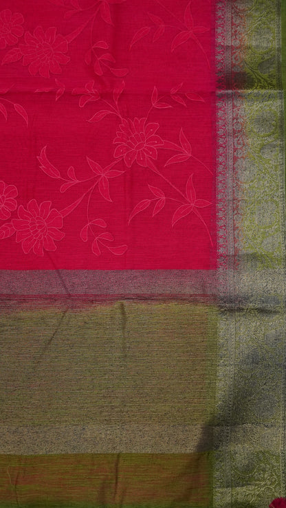 Bamboo Silk Saree-Aplique Work-Rani Pink