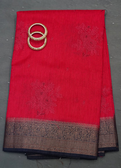 Bamboo Silk Saree-Pink With Navy Blue