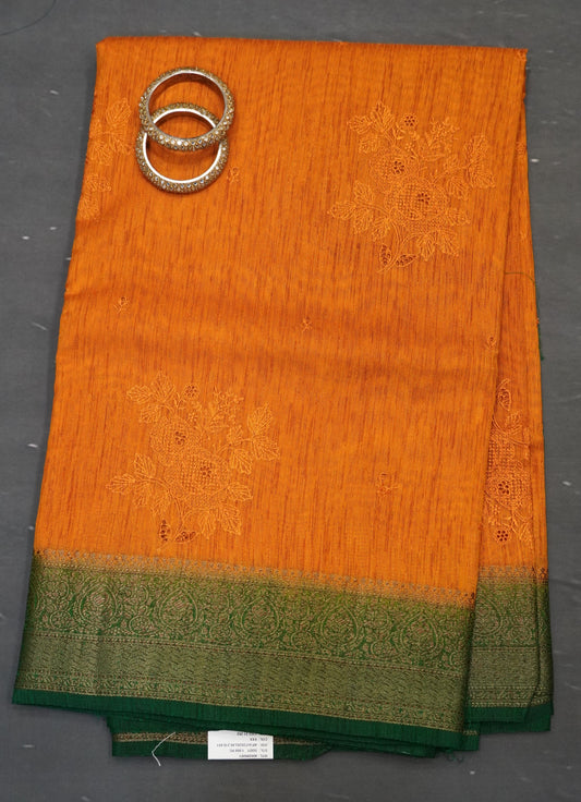 Bamboo Silk Saree-Orange With Green