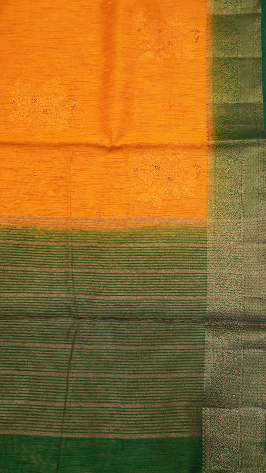Bamboo Silk Saree-Orange With Green