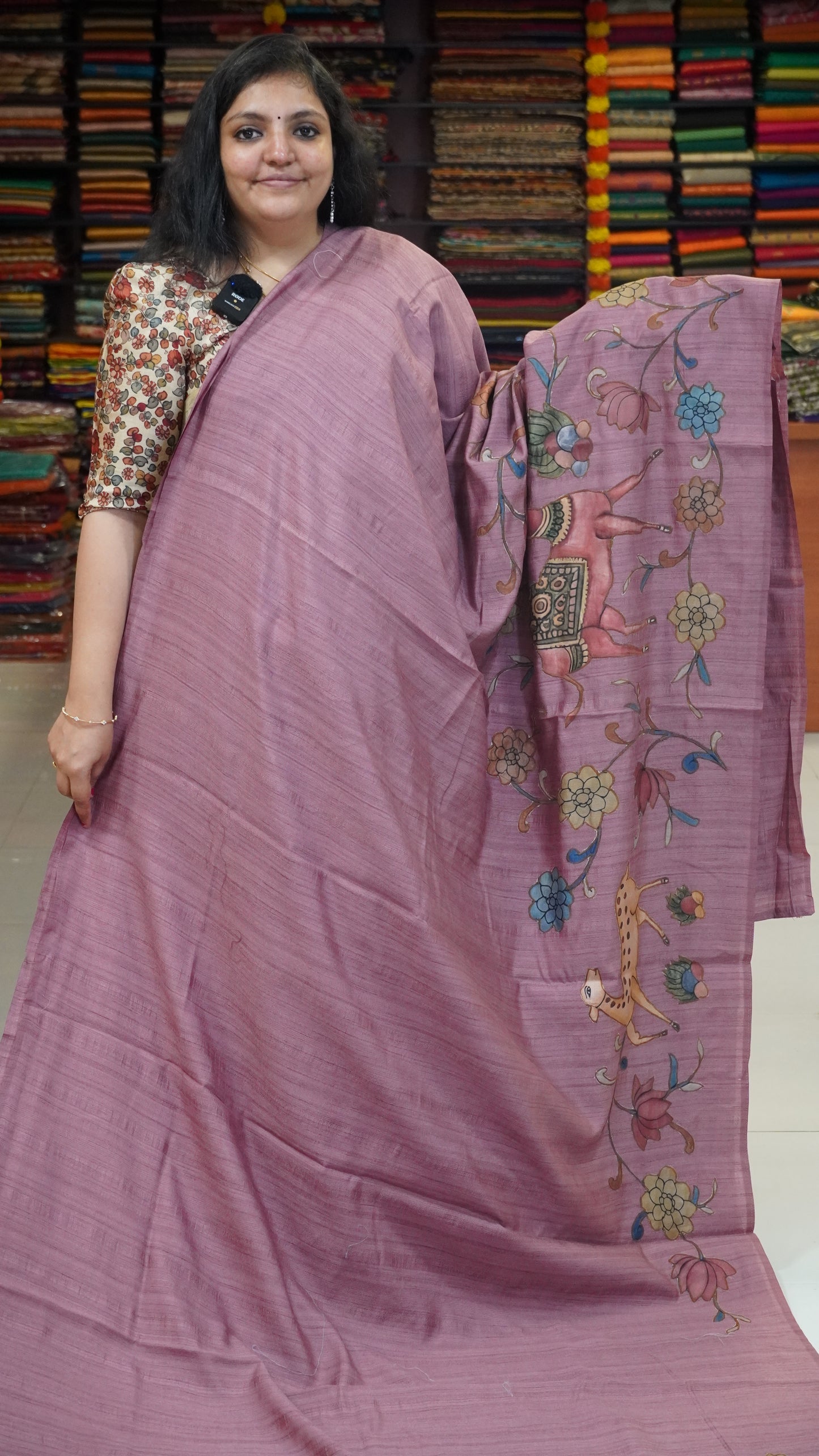 Jute Tussar Aplique Work Saree Onion Pink