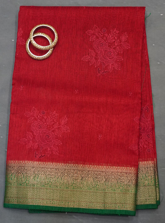 Bamboo Silk Saree-Red With Green