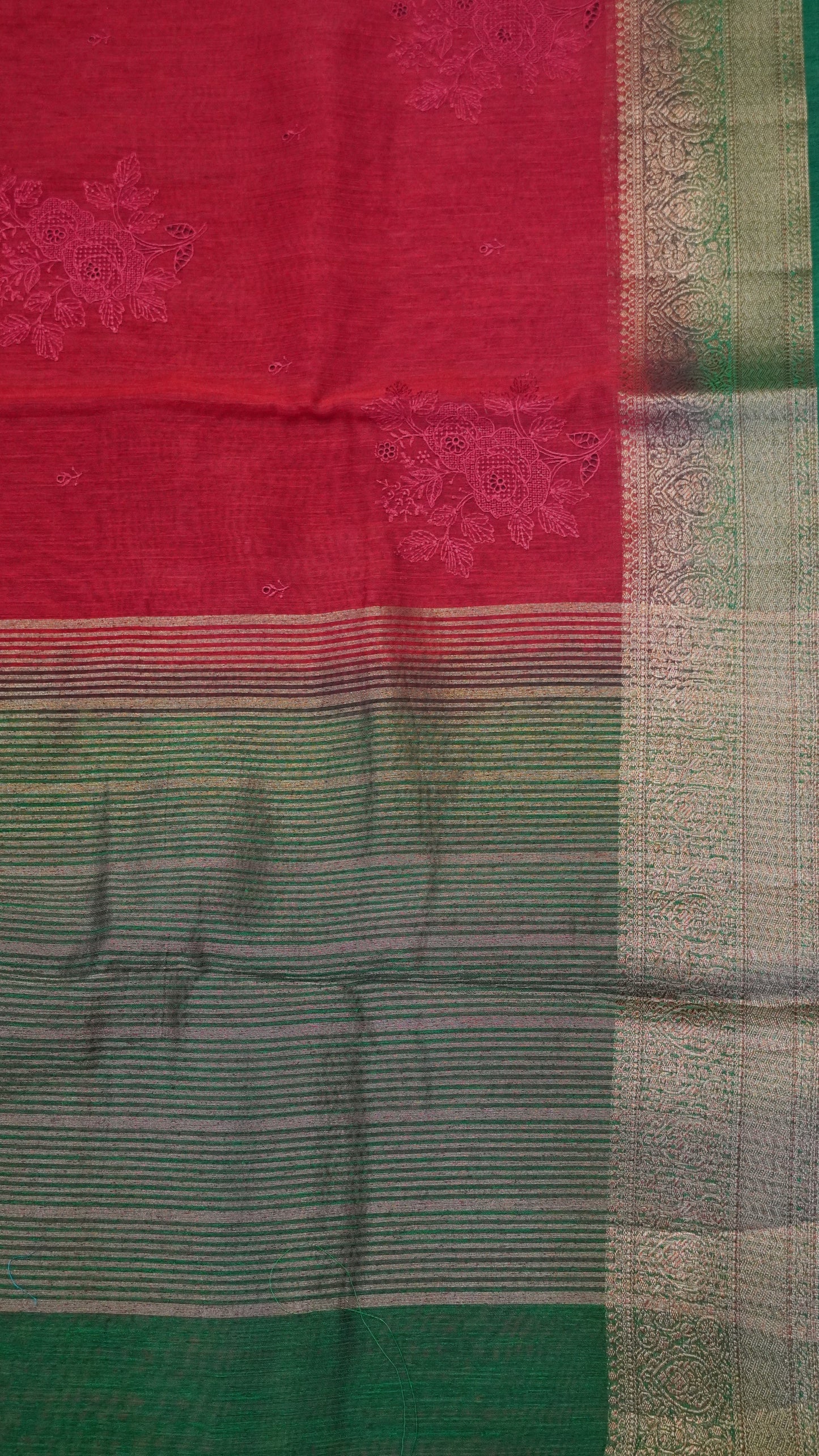 Bamboo Silk Saree-Red With Green