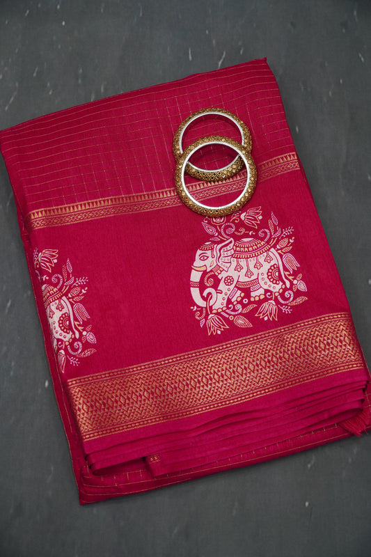 Semi Chiffon Saree - Rani Pink