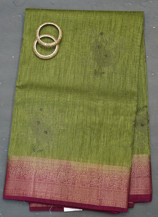 Bamboo Silk Saree-Sage Green With Wine