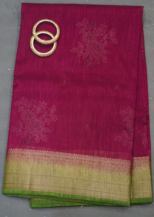 Bamboo Silk Saree-Wine With Green