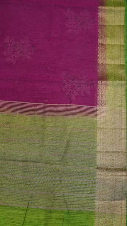 Bamboo Silk Saree-Wine With Green