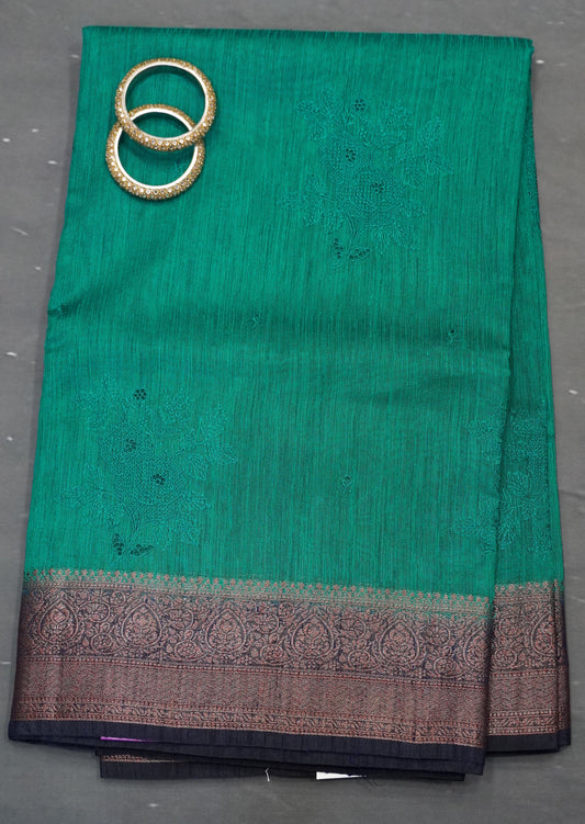 Bamboo Silk Saree-Peacock Green With Navy Blue