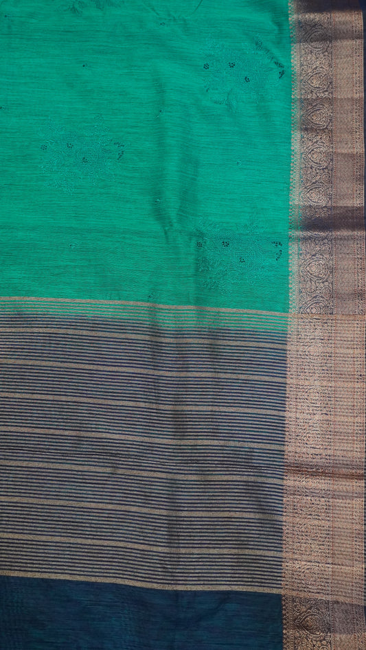 Bamboo Silk Saree-Peacock Green With Navy Blue