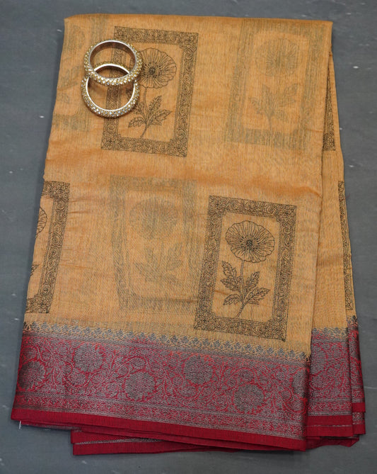 Bamboo Silk Saree-Sandal Frame Flower Embryoid