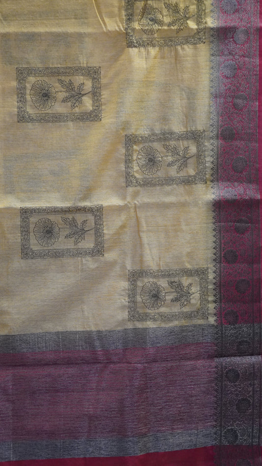 Bamboo Silk Saree-Sandal Frame Flower Embryoid