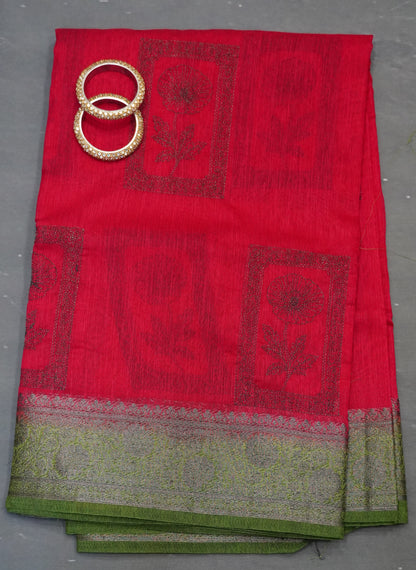 Bamboo Silk Saree-Rani Pink Frame Flower Embryoid