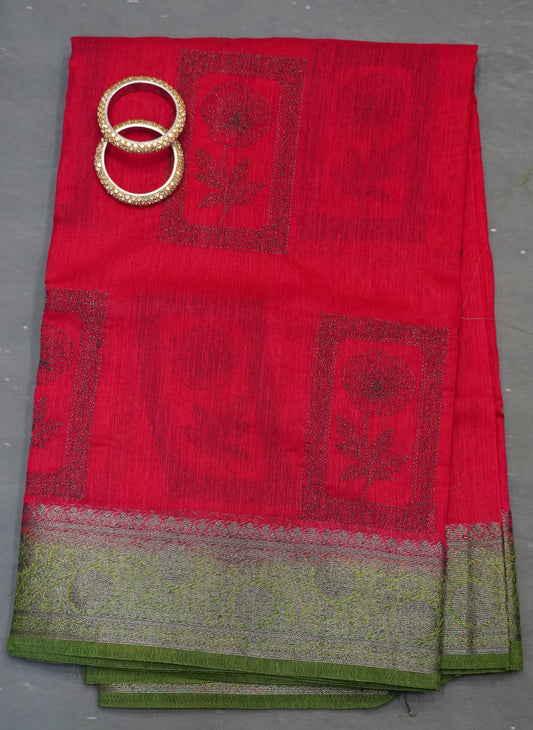 Bamboo Silk Saree-Rani Pink Frame Flower Embryoid