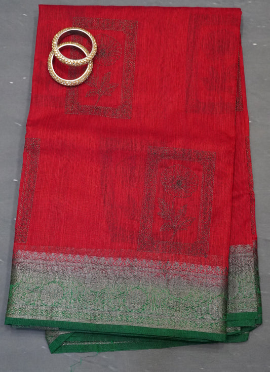 Bamboo Silk Saree-Red Frame Flower Embryoid