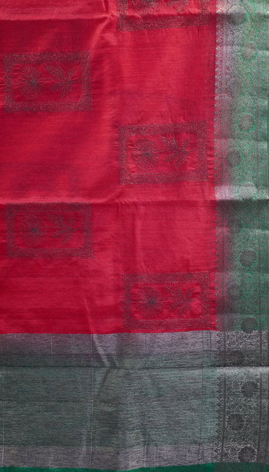 Bamboo Silk Saree-Red Frame Flower Embryoid