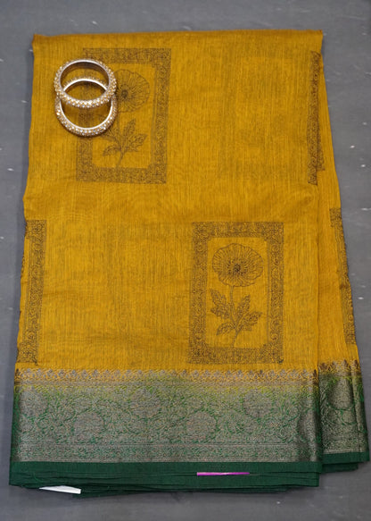 Bamboo Silk Saree-Dark Mustard Frame Flower Embryoid