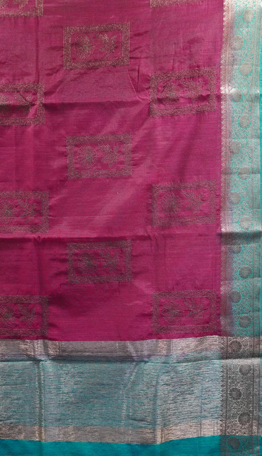 Bamboo Silk Saree-Wine Blue Frame Flower Embryoid