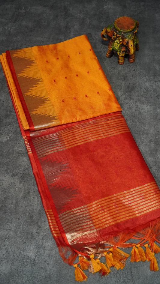 Semi Raw Silk Temple Border Mango Yellow to Red