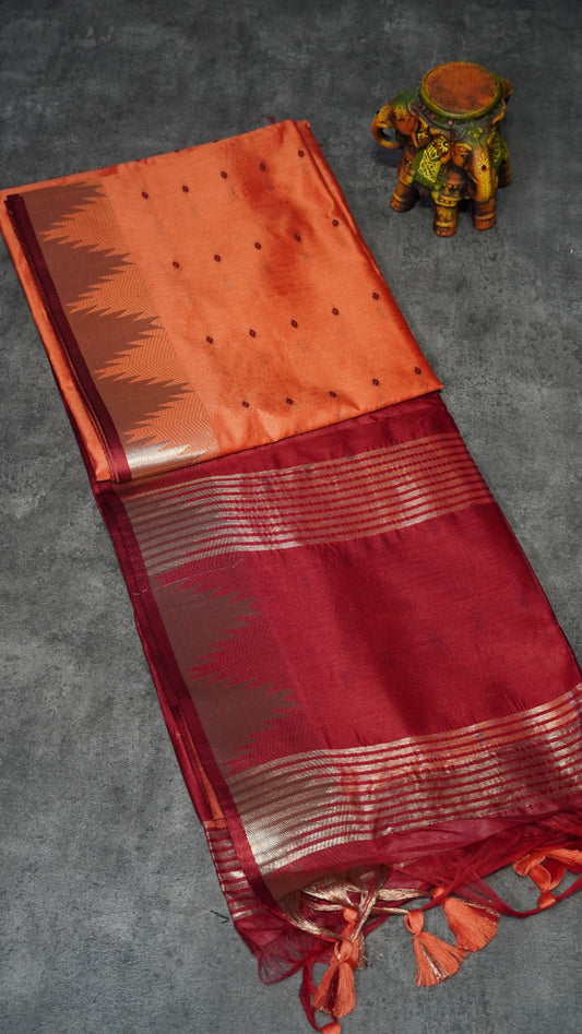 Semi Raw Silk Temple Border Reddish Peach to Maroon