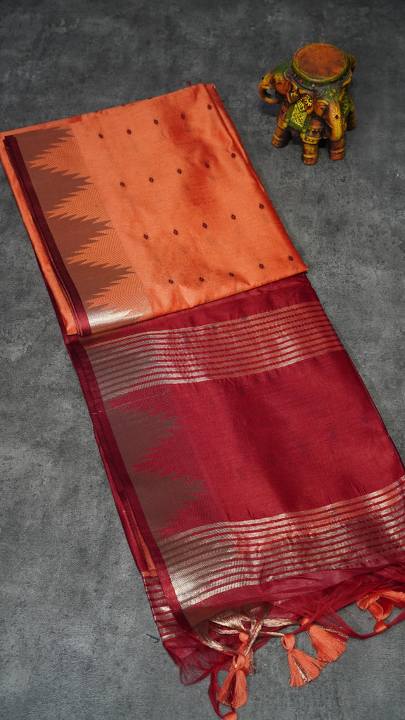 Semi Raw Silk Temple Border Reddish Peach to Maroon
