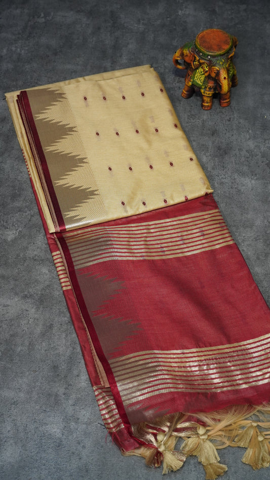 Semi Raw Silk Temple Border Sandal to Maroon