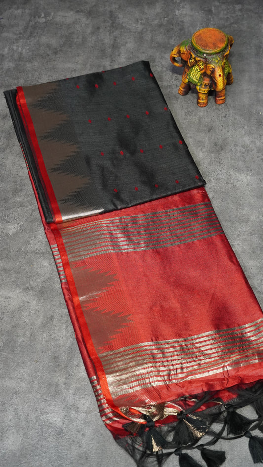 Semi Raw Silk Temple Border Black to Maroon