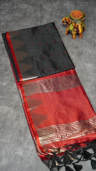 Semi Raw Silk Temple Border Black to Maroon