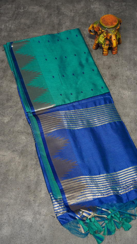 Semi Raw Silk Temple Border Peacock Green to Blue