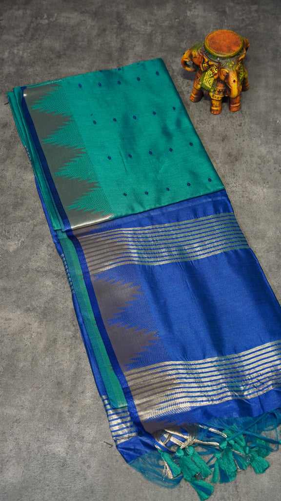 Semi Raw Silk Temple Border Peacock Green to Blue