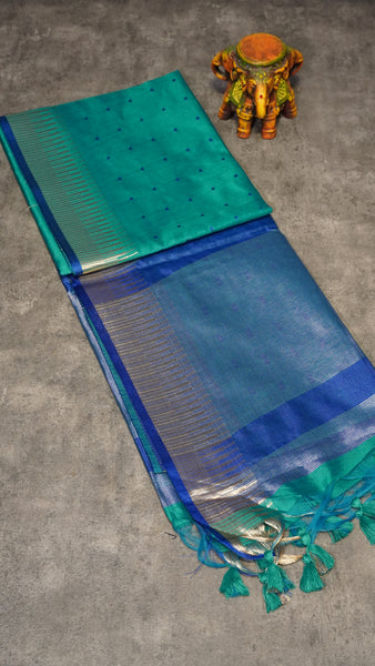 Semi Raw Silk Tower Border Peacock Green to Blue