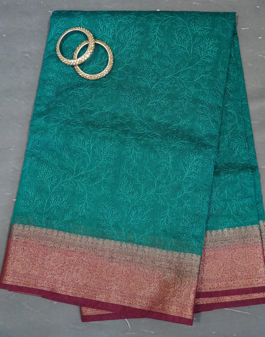 Bamboo Silk Saree-Peacock Green Gypso Thread Work