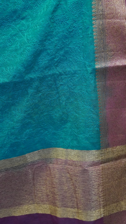 Bamboo Silk Saree-Peacock Green Gypso Thread Work