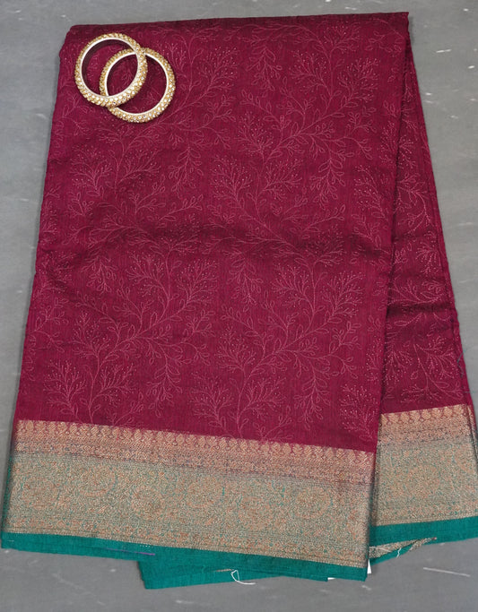 Bamboo Silk Saree-Wine Gypso Thread Work