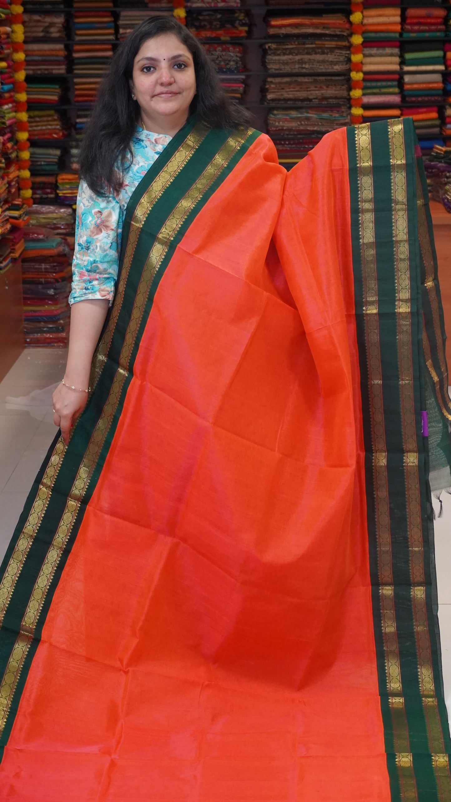 Silk Cotton Saree Rettapet Border Orange to Green