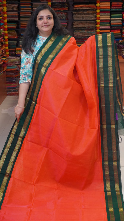 Silk Cotton Saree Rettapet Border Orange to Green