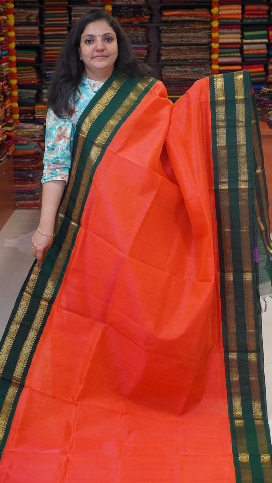 Silk Cotton Saree Rettapet Border Orange to Green