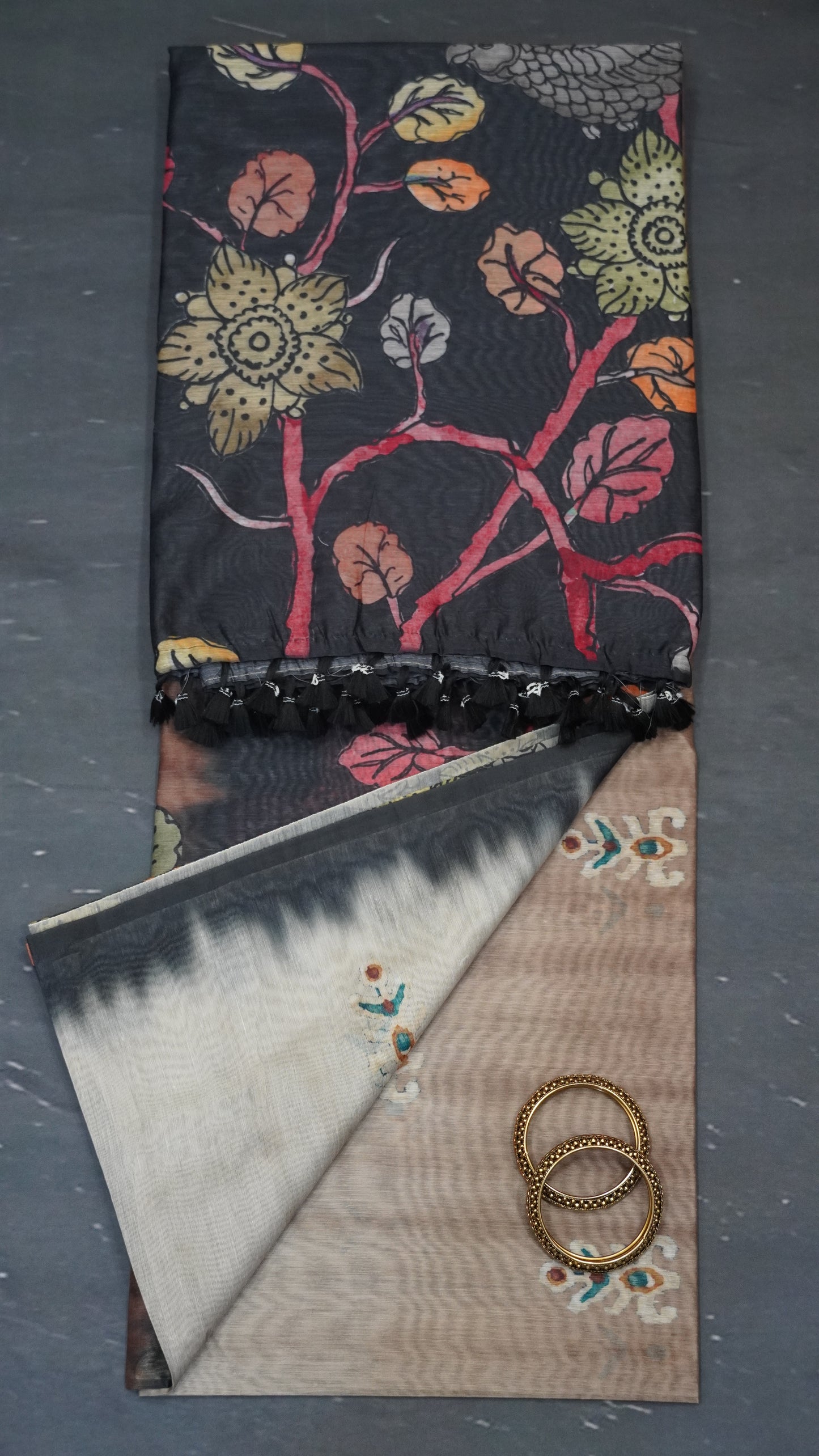 Chanderi Cotton Saree-Eagle Print-Black