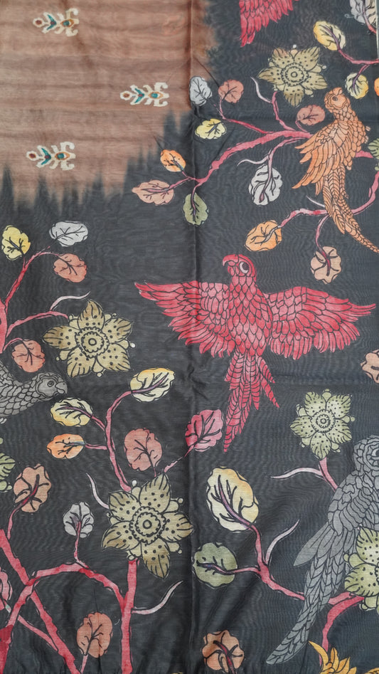 Chanderi Cotton Saree-Eagle Print-Black